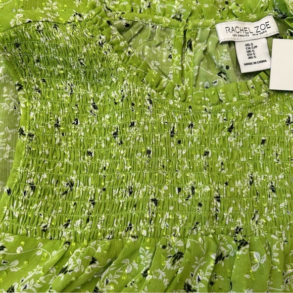 NWT RACHEL ZOE Chartreuse Floral Print Smocked Sleeveless Blouse - Picture 9 of 13